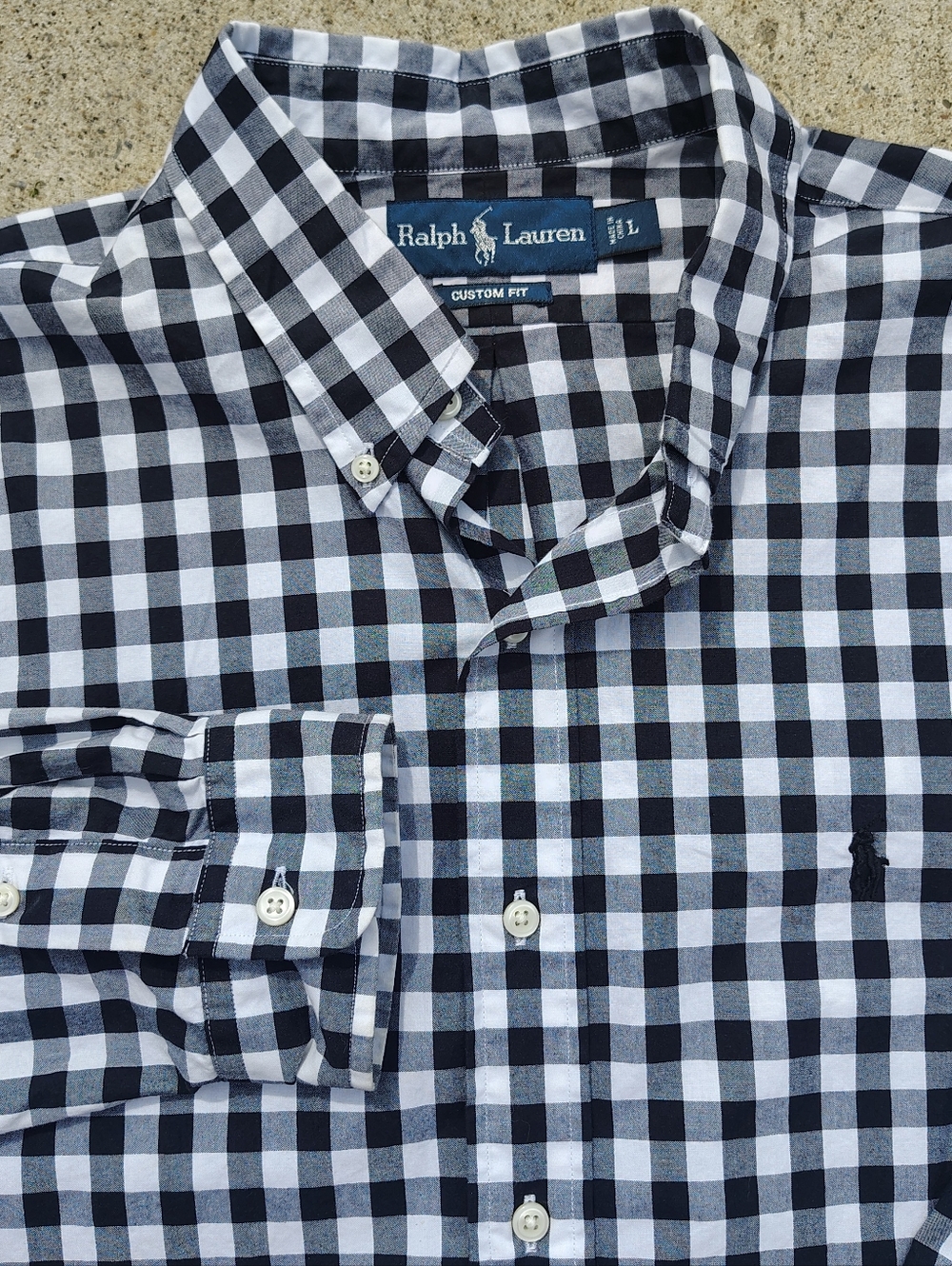 Polo Ralph Lauren Custom Fit Button Down Shirt Mens L Black White Plaid Checker